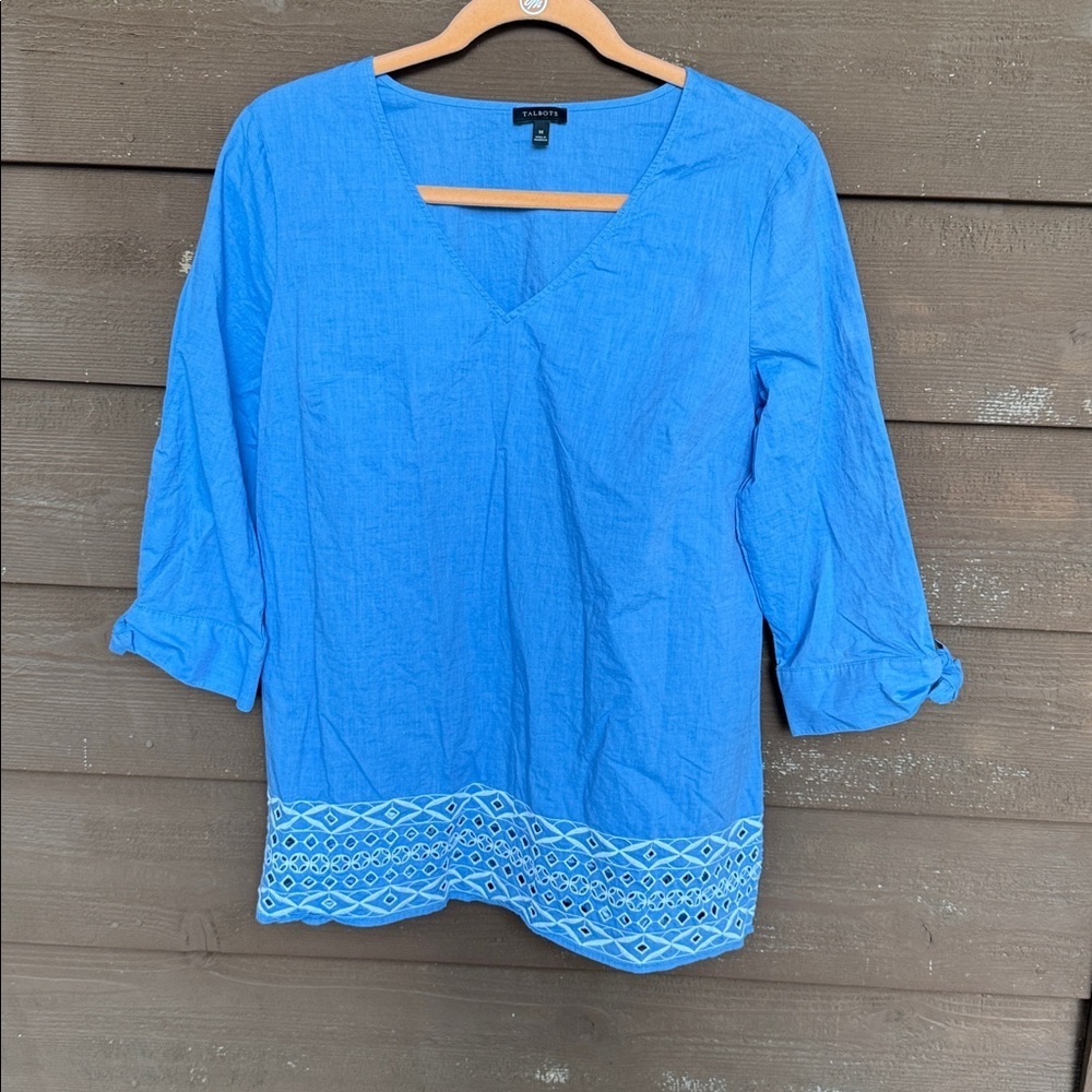 Talbots Blue Cotton White Embroidery Tunic Blouse size Medium
